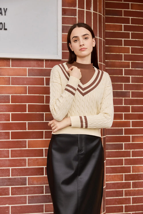 AP Women 2026 Autumn & Winter Knitwear Set – Patchwork Sweater with Mock Neck & Stretch Leather Skirt