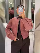 AP Women 2026 Spring Corduroy Zipper Jacket – PU Leather Collar & Street Chic Outerwear